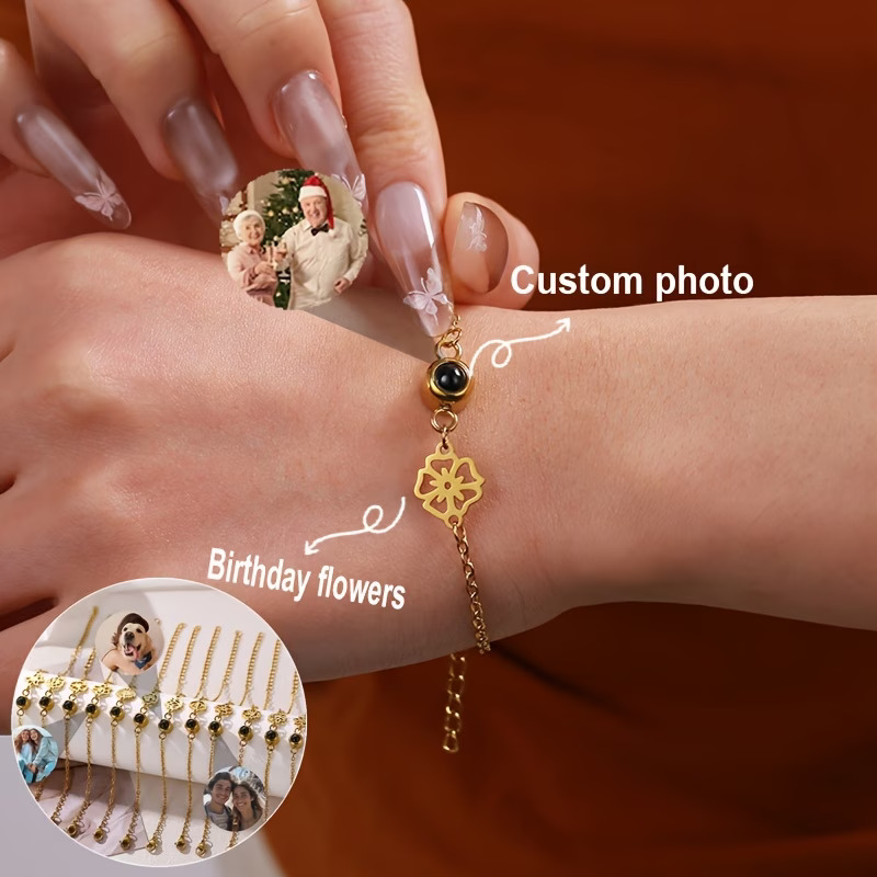 Birth Flower Necklace - Kişiye Özel Fotoğraf Bilekliği Paslanmaz Çelik